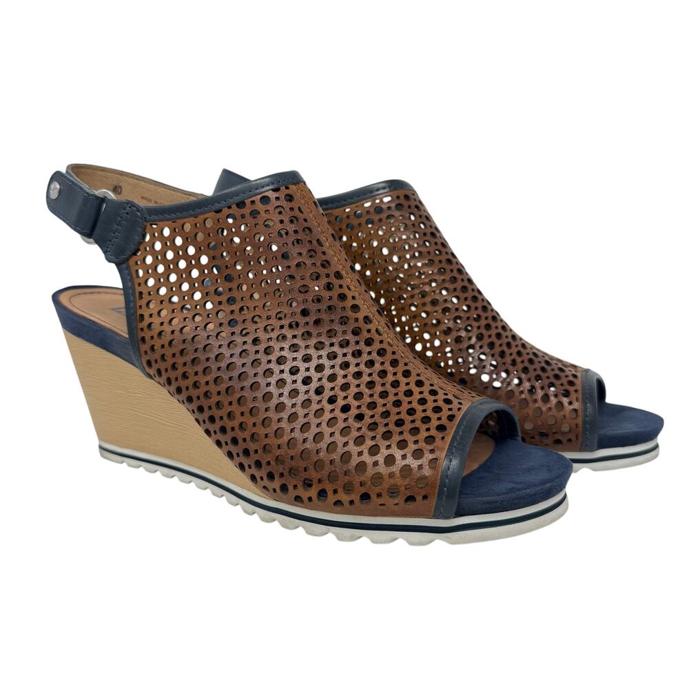 Pikolinos Bali Wedge Slingback Peep Toe Sandal Brown Navy 40 EUC